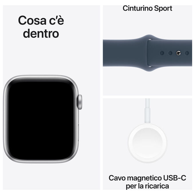 Apple MREC3QL-A Watch SE GPS Smartwatch 44mm Alluminio Rilevamento Incidenti Cadute SOS Cardiofrequenzimetro colore Argento Blu Tempesta