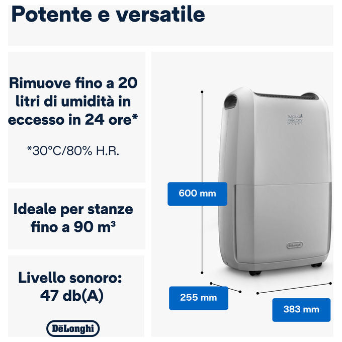 Delonghi deumidificatore tasciugo ariadry multi ddsx220 20l 24h 5l serbatoio Bianco