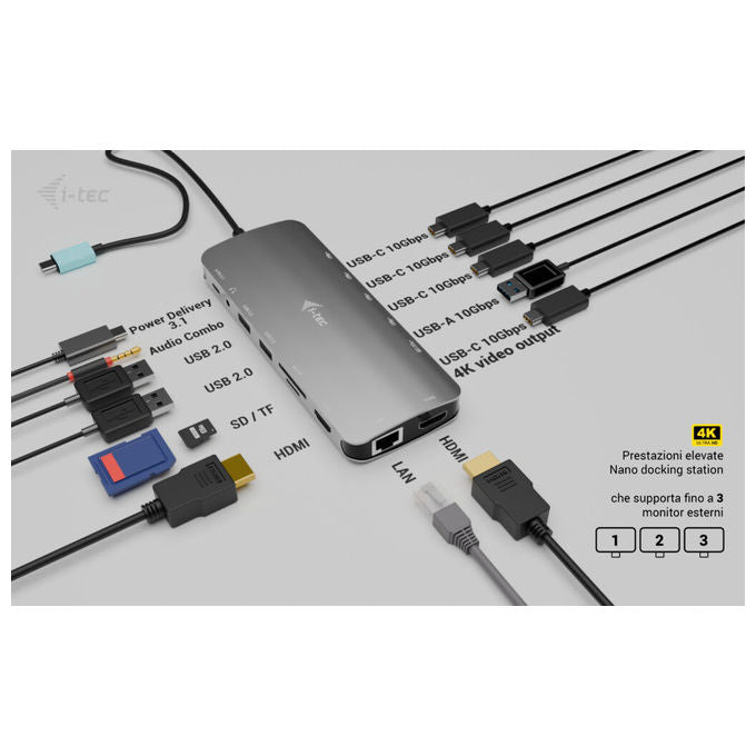 I-tec Docking Station USB-C Nano 3 Display 140W con Caricatore Universale