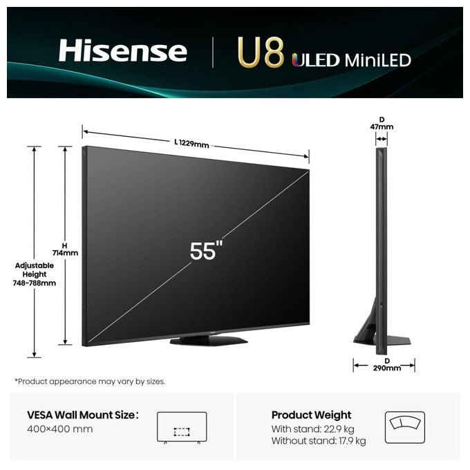 Hisense 55U8Q Smart TV Mini LED 55'' 4K Ultra HD VIDAA U9 165Hz Dolby Vision IQ HDR10+ Dolby Atmos colore Nero