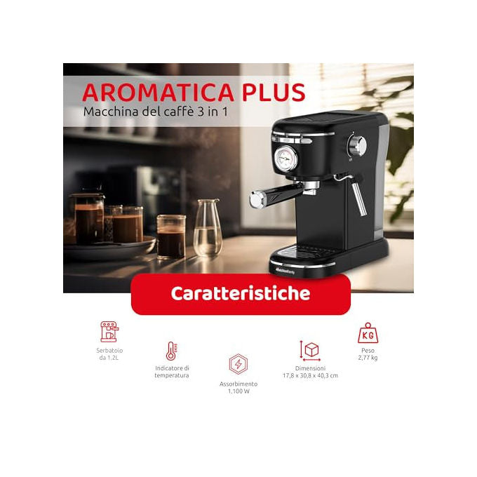 Melchioni Family 118320002 Aromatica Plus Macchina da caffe' Espresso 3 in 1 1,2 L 15 bar 1100 W Montalatte colore Nero