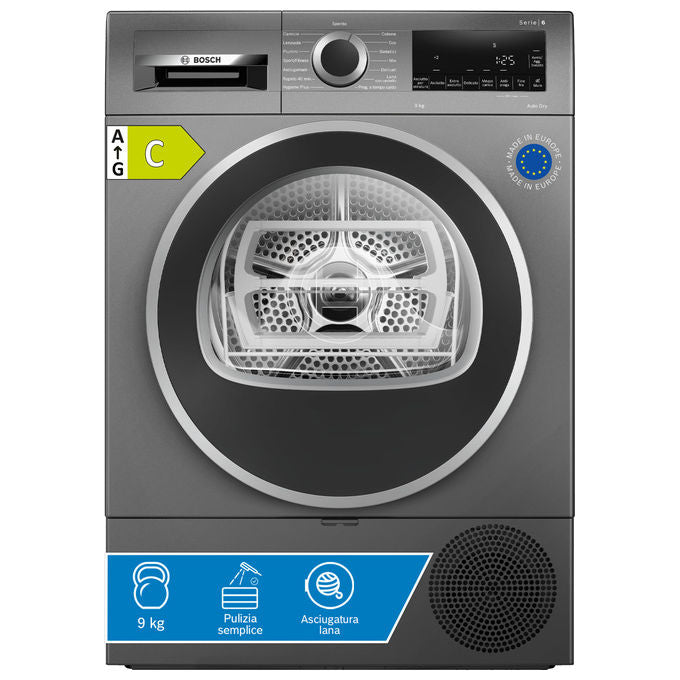 Bosch WQG243DRII Serie 6 Asciugatrice Pompa di Calore 9 Kg Classe C AutoDry Filtro Easy Clean (84.2x59.8x61.3 cm) colore Antracite