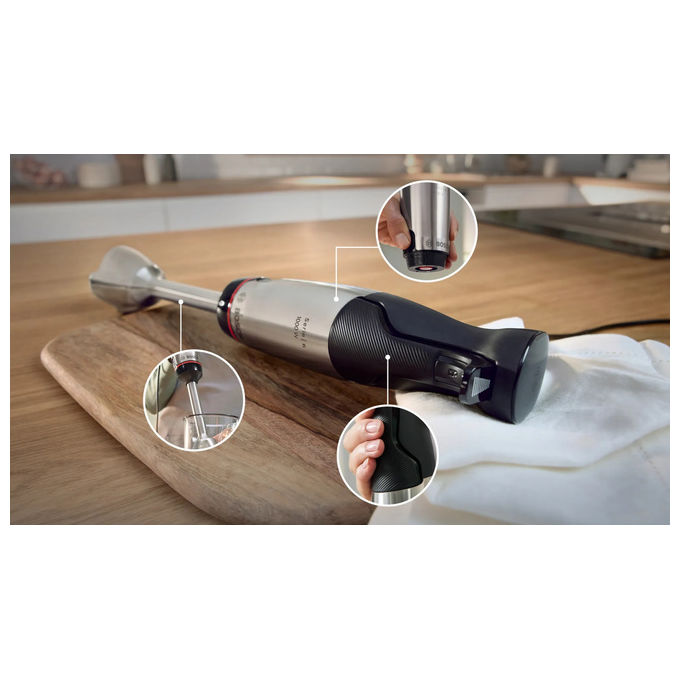 Bosch MSM6M621 Serie 6 Frullatore ad Immersione 1000W QuattroBlade Pro Turbo con Tritatutto colore Nero Acciaio inox