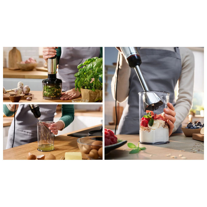 Bosch MSM6M621 Serie 6 Frullatore ad Immersione 1000W QuattroBlade Pro Turbo con Tritatutto colore Nero Acciaio inox