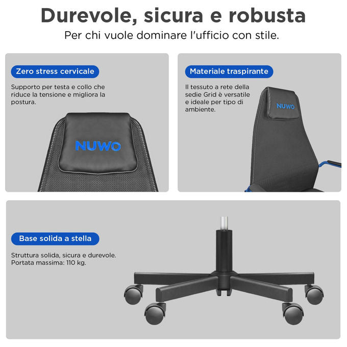 Nuwo Sedia Gaming Grid Blu Ergonomica Girevole Regolabile