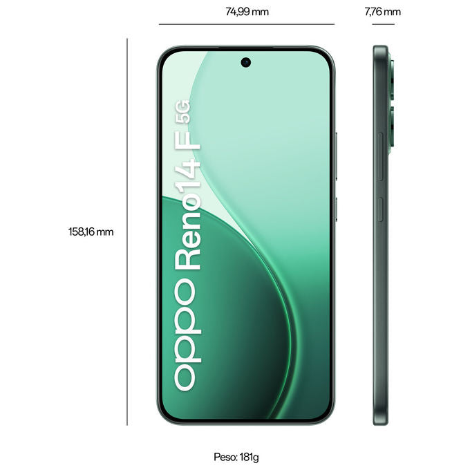 Oppo RENO14F5G Reno14 F 5G Smartphone 5G 6.57'' AMOLED 8 GB RAM 256 GB Snapdragon 6 Gen 1 Batteria 6000 mAh Doppia SIM Android 15 colore Verde