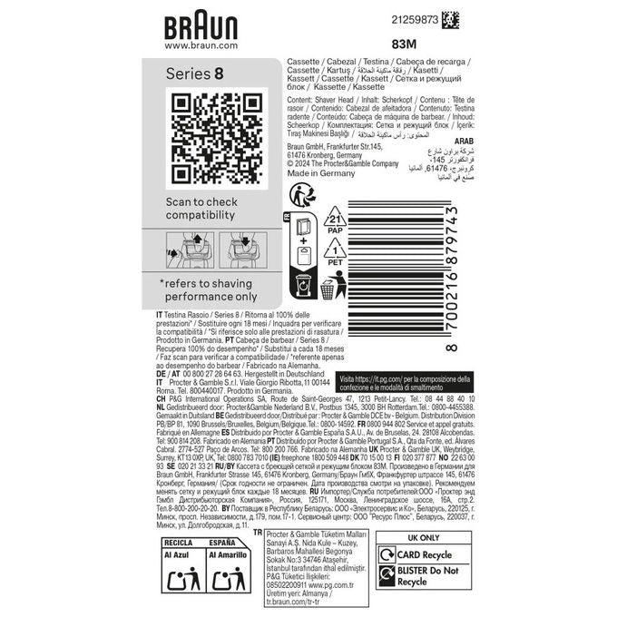 Braun 83M Series 8 Testina di Ricambio per Rasoio Elettrico 3 lame sostituzione ogni 18 mesi colore Nero