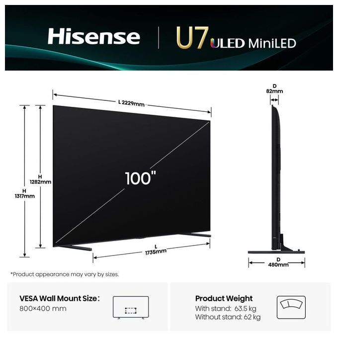 Hisense 100U7Q Tv Mini Led 4K Ultra Hd 100'' Smart Nero