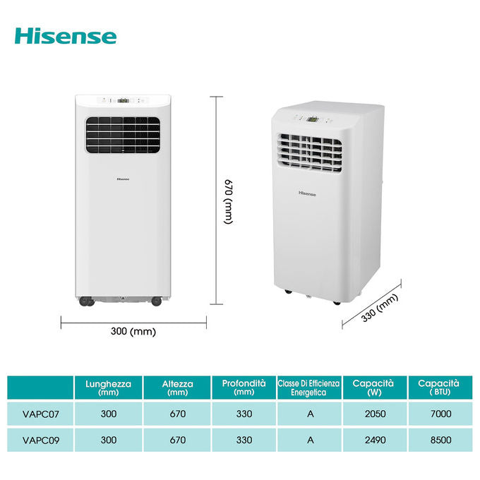 Hisense APC09KV Serie V Condizionatore portatile 9000 BTU per ambienti fino a 12 m² Classe A Raffreddamento Deumidificazione colore Bianco