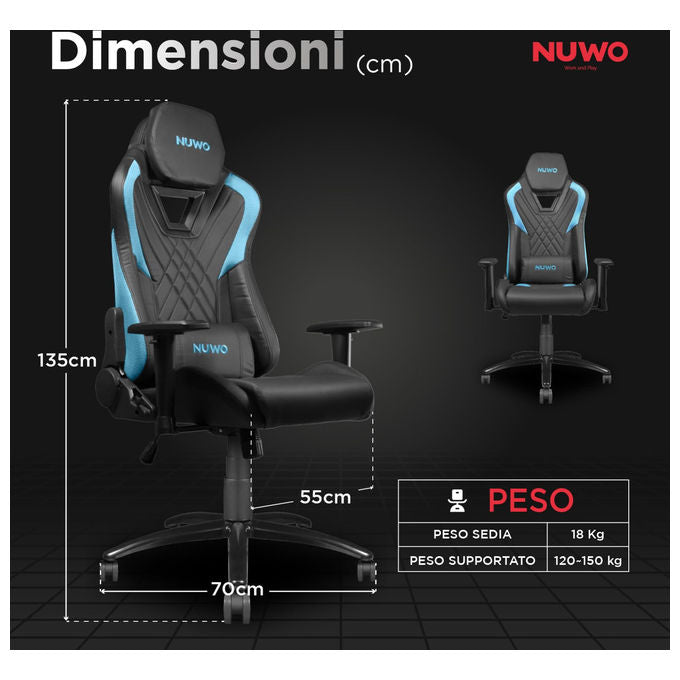 Nuwo Sedia Gaming Ergonomica Blu, Regolabile e Girevole