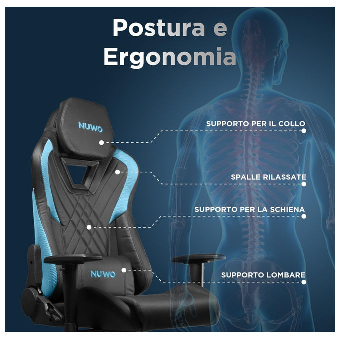 Nuwo Sedia Gaming Ergonomica Blu, Regolabile e Girevole