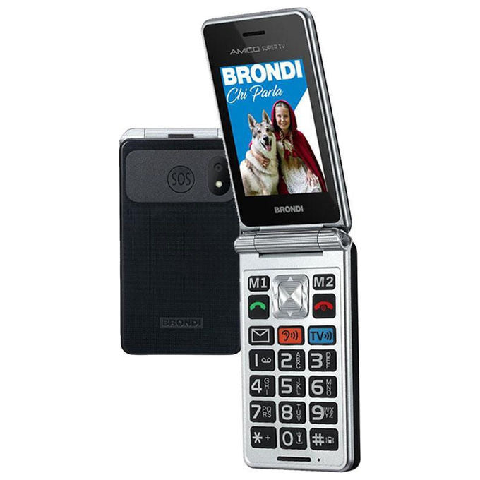 Brondi 10282060 Amico Super TV Cellulare per anziani Clamshell Dual SIM 2.8'' Tasto SOS Bluetooth Radio FM colore Nero