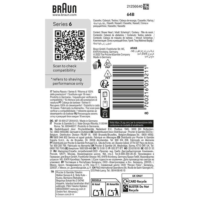 Braun 64B Series 6 Testina di Ricambio per Rasoio Elettrico 3 Lame Flessibili SkinGuard colore Nero