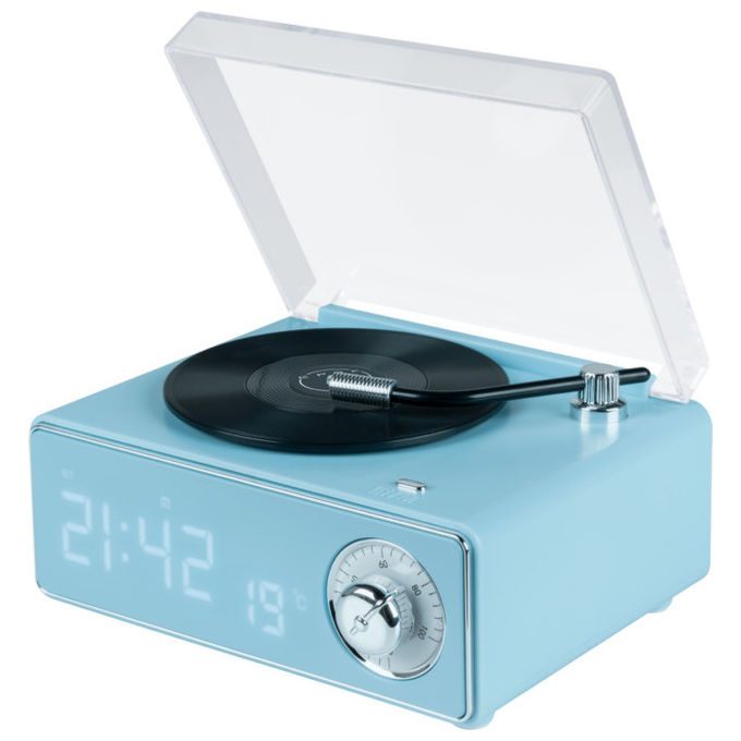 Bigben BTTDMINIBL Speaker Bluetooth con Sveglia Vintage Giradischi Bluetooth 5.3 15W Doppio Allarme Radio FM Batteria 1200 mAh colore Azzurro