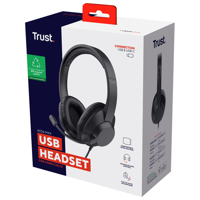 Trust Ayda Max, Auricolare Cablato USB per Ufficio, Nero