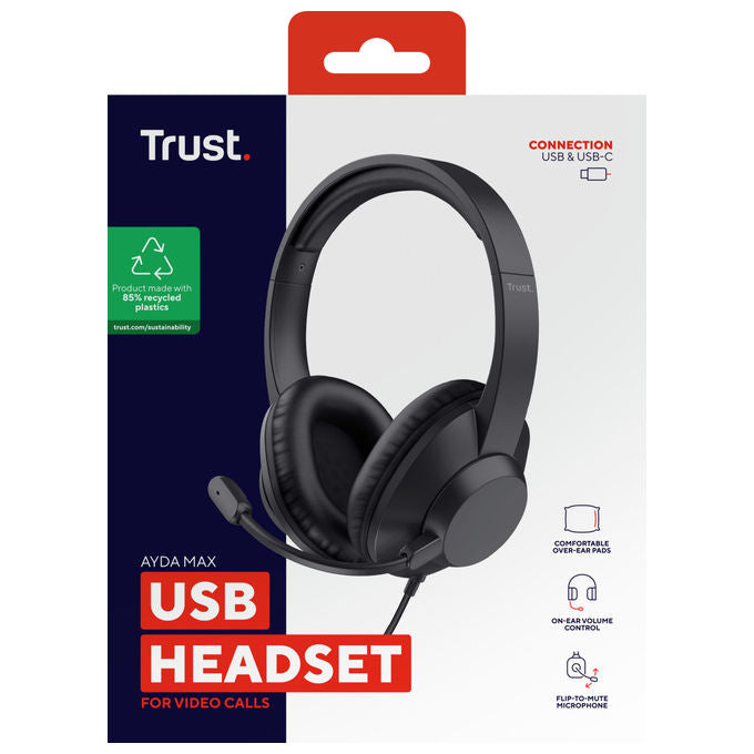 Trust Ayda Max, Auricolare Cablato USB per Ufficio, Nero