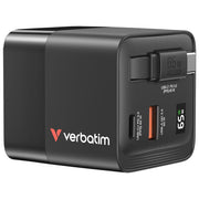Verbatim 32217 GaN Caricatore da Parete 65W 2 Porte USB-C PD 3.0 USB-A QC 3.0 Cavo Retrattile Integrato 0.8m Spine EU UK US colore Nero