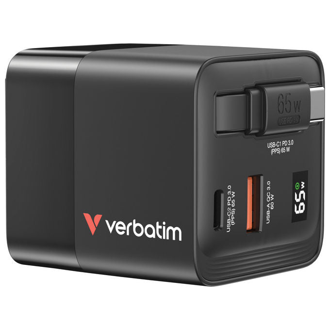 Verbatim 32217 GaN Caricatore da Parete 65W 2 Porte USB-C PD 3.0 USB-A QC 3.0 Cavo Retrattile Integrato 0.8m Spine EU UK US colore Nero