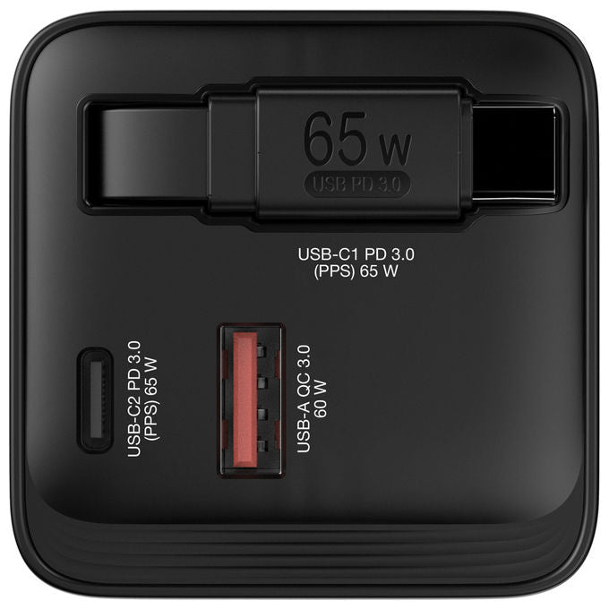 Verbatim 32217 GaN Caricatore da Parete 65W 2 Porte USB-C PD 3.0 USB-A QC 3.0 Cavo Retrattile Integrato 0.8m Spine EU UK US colore Nero