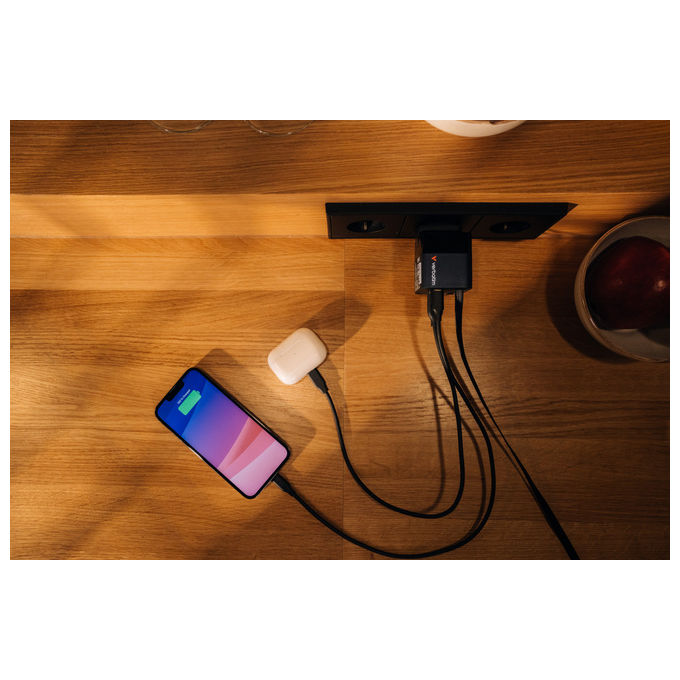 Verbatim 32217 GaN Caricatore da Parete 65W 2 Porte USB-C PD 3.0 USB-A QC 3.0 Cavo Retrattile Integrato 0.8m Spine EU UK US colore Nero
