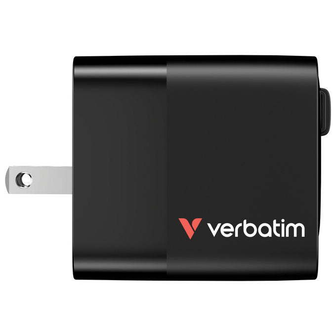 Verbatim 32217 GaN Caricatore da Parete 65W 2 Porte USB-C PD 3.0 USB-A QC 3.0 Cavo Retrattile Integrato 0.8m Spine EU UK US colore Nero