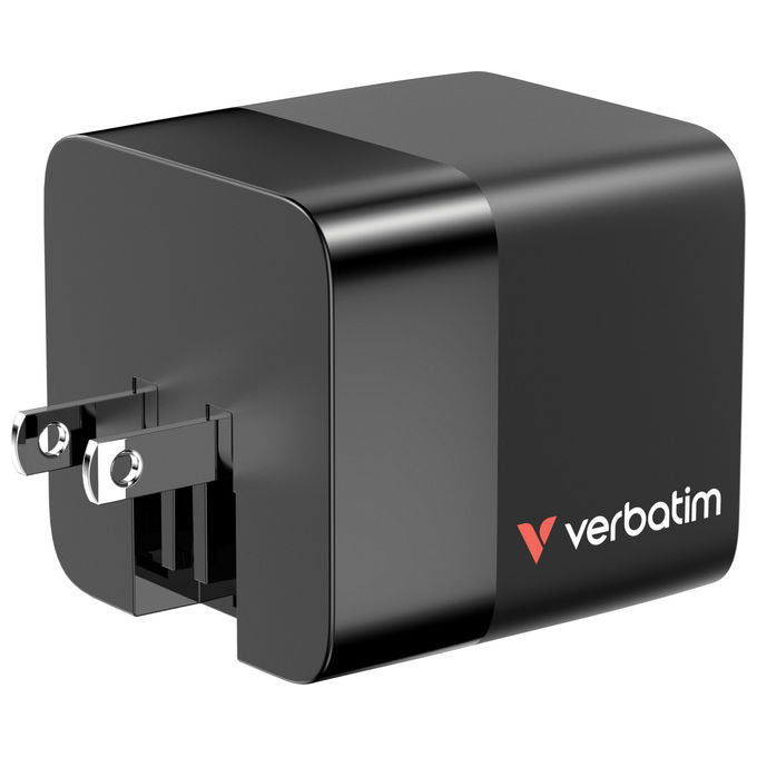 Verbatim 32217 GaN Caricatore da Parete 65W 2 Porte USB-C PD 3.0 USB-A QC 3.0 Cavo Retrattile Integrato 0.8m Spine EU UK US colore Nero