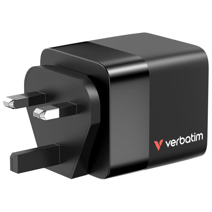Verbatim 32217 GaN Caricatore da Parete 65W 2 Porte USB-C PD 3.0 USB-A QC 3.0 Cavo Retrattile Integrato 0.8m Spine EU UK US colore Nero