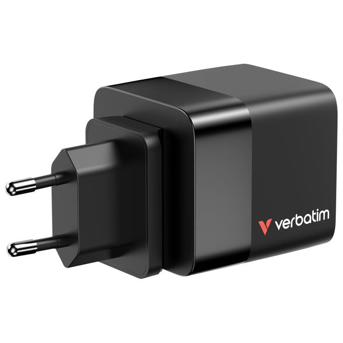 Verbatim 32217 GaN Caricatore da Parete 65W 2 Porte USB-C PD 3.0 USB-A QC 3.0 Cavo Retrattile Integrato 0.8m Spine EU UK US colore Nero