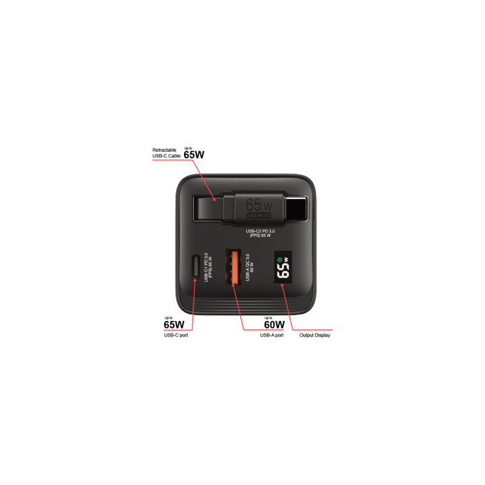 Verbatim 32217 GaN Caricatore da Parete 65W 2 Porte USB-C PD 3.0 USB-A QC 3.0 Cavo Retrattile Integrato 0.8m Spine EU UK US colore Nero