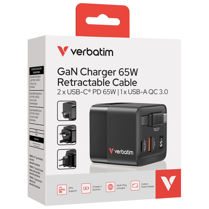 Verbatim 32217 GaN Caricatore da Parete 65W 2 Porte USB-C PD 3.0 USB-A QC 3.0 Cavo Retrattile Integrato 0.8m Spine EU UK US colore Nero
