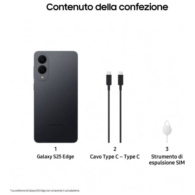 Samsung SM-S937BZKDEUE Galaxy S25 Edge Smartphone AI 6.7'' QHD+ Dynamic AMOLED 2X Snapdragon 8 Elite 12GB RAM 256GB 5G IP68 colore Nero