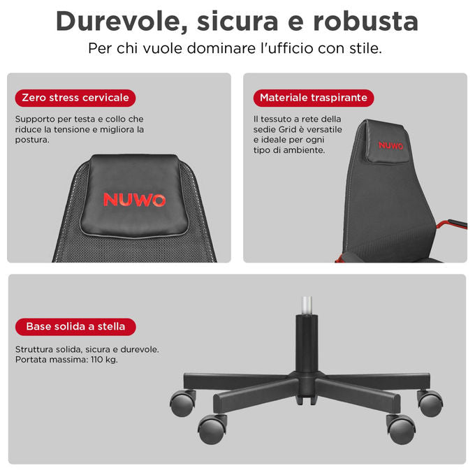 Nuwo GC24HF.GRR.001 Grid Sedia Gaming Ergonomica Rete Traspirante Portata 110 Kg Braccioli Fissi colore Rosso e Nero