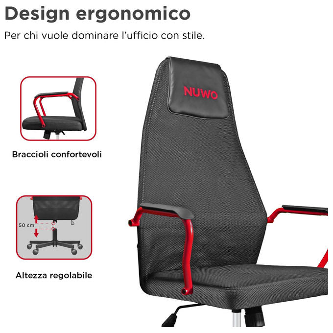 Nuwo GC24HF.GRR.001 Grid Sedia Gaming Ergonomica Rete Traspirante Portata 110 Kg Braccioli Fissi colore Rosso e Nero