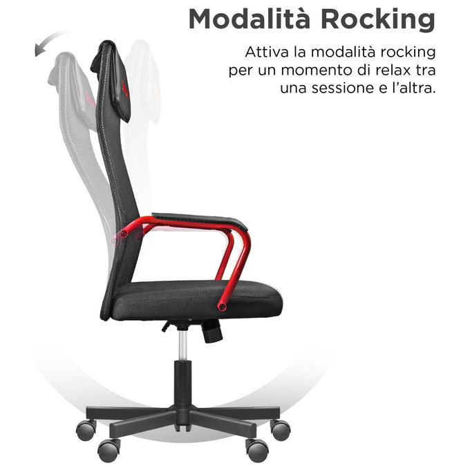Nuwo GC24HF.GRR.001 Grid Sedia Gaming Ergonomica Rete Traspirante Portata 110 Kg Braccioli Fissi colore Rosso e Nero