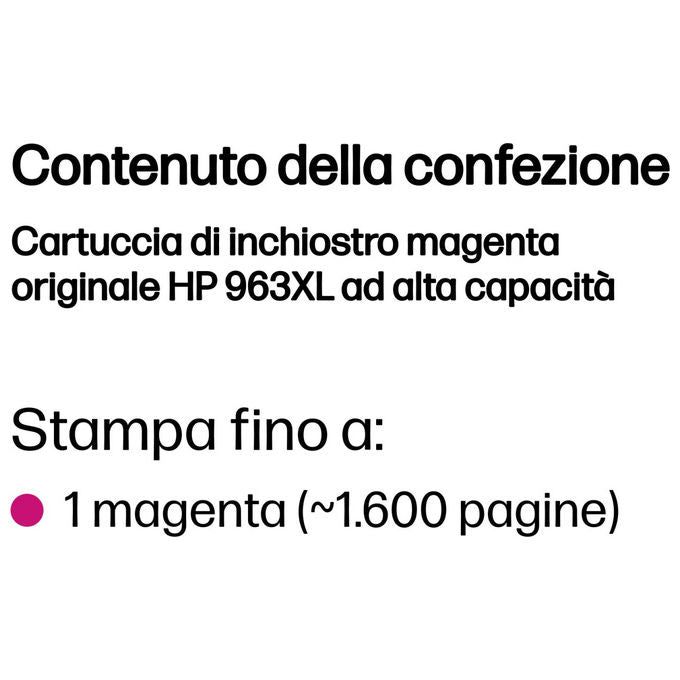 HP 3JA28AE 963XL Cartuccia Inchiostro Alta Capacita' Pigmento 1600 pagine 23,25 ml OfficeJet Pro 9010 9020 colore Magenta