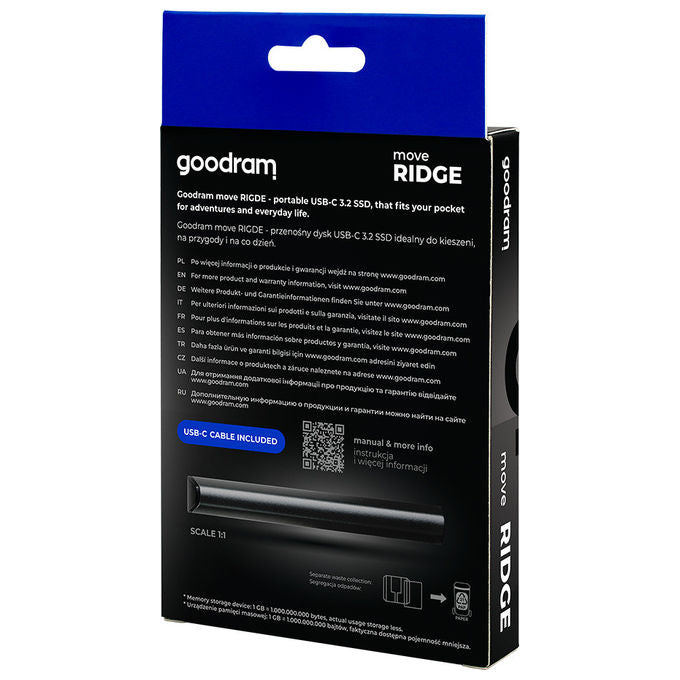 GoodRam SSDR-GMRE-01T-K0 Move Ridge SSD Esterno 1TB USB-C 3.2 Gen 2x2 2000 MB-s colore Nero