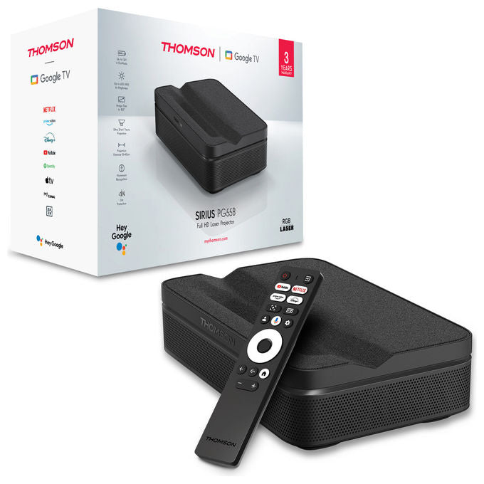 Thomson PG55B Sirius Proiettore Laser RGB Smart Ottica Ultra-Corta Full HD 1080p 600 ANSI Google TV HDR10+ Batteria colore Nero