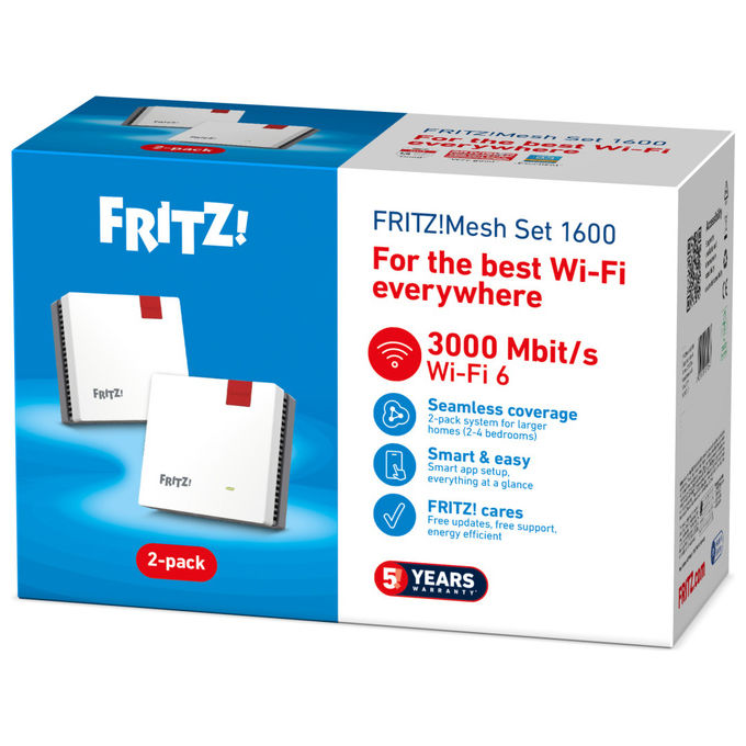 Fritz! 20003126 Mesh Set 1600 2-Pack Range Extender Wi-Fi 6 Dual-band 2.4 GHz 5 GHz 3000 Mbit-s WPA3 colore Bianco Rosso