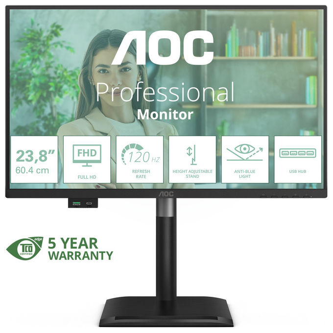 AOC 24P4U Monitor PC 23.8'' Full HD IPS 120Hz 4ms AMD FreeSync Hub USB 3.2 Altoparlanti colore Nero