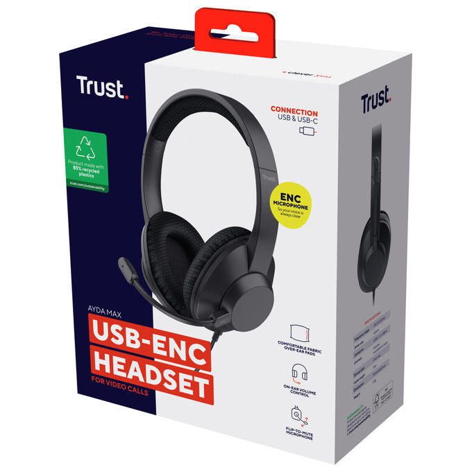 Trust 25462 Ayda Max Cuffie a Padiglione Cablate USB Type-C USB Type-A Microfono ENC Cuscinetti Ecopelle colore Nero