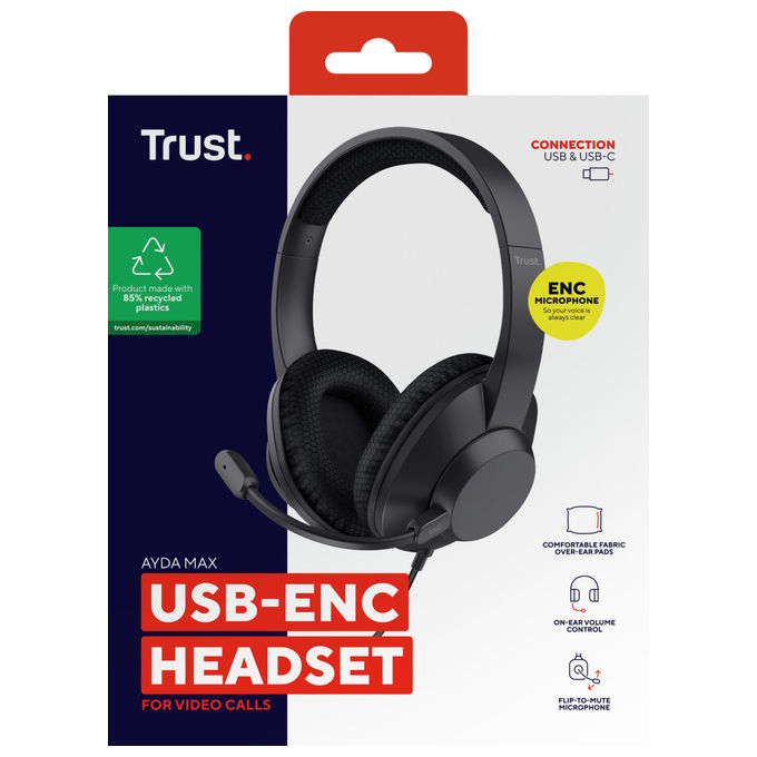 Trust 25462 Ayda Max Cuffie a Padiglione Cablate USB Type-C USB Type-A Microfono ENC Cuscinetti Ecopelle colore Nero