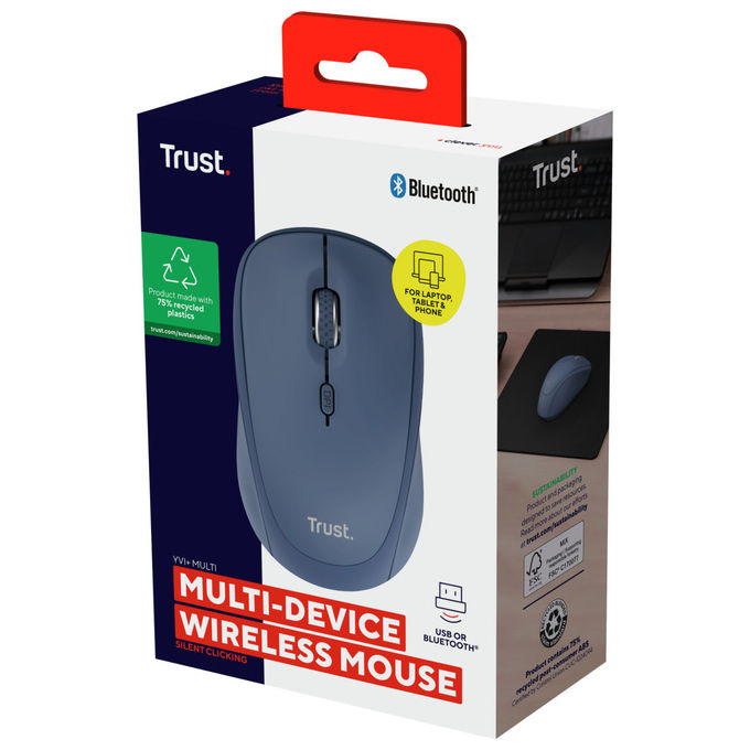 Trust Yvi+ Mouse Wireless Bluetooth Ottico 1600 DPI Ambidestro Blu