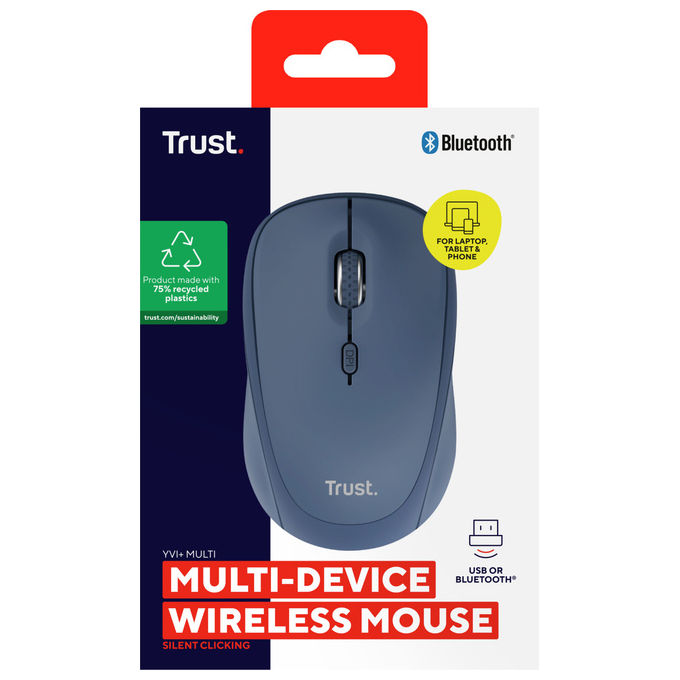 Trust Yvi+ Mouse Wireless Bluetooth Ottico 1600 DPI Ambidestro Blu