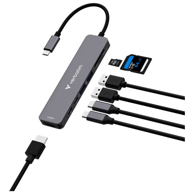 Verbatim 32158 Hub USB-C 7 Porte USB 3.2 Gen 1 HDMI 4K lettore schede SD microSD Power Delivery 100W colore Grigio