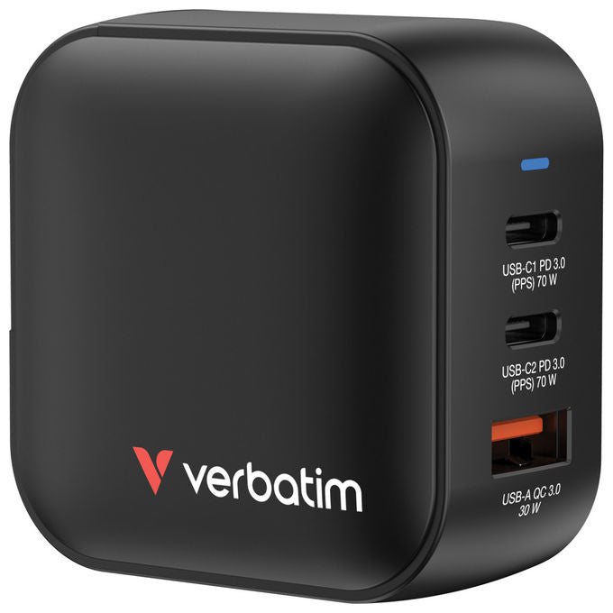 Verbatim Mini Caricatore GaN 70W, 3 Porte USB, Nero