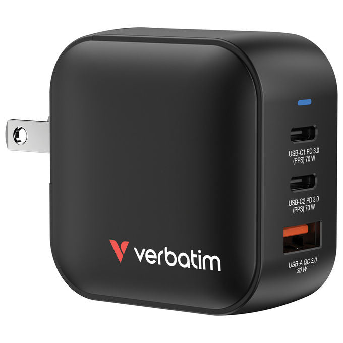 Verbatim Mini Caricatore GaN 70W, 3 Porte USB, Nero