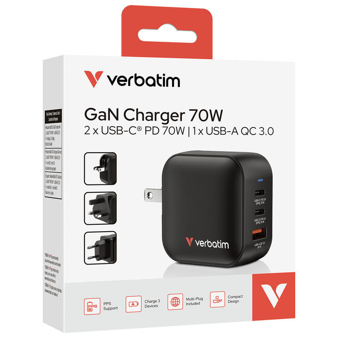 Verbatim Mini Caricatore GaN 70W, 3 Porte USB, Nero