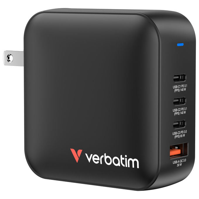 Verbatim 32216 Mini GaN Charger Caricabatterie 165W 4 Porte USB-C USB-A Ricarica Rapida PD 3.1 QC 3.0 colore Nero