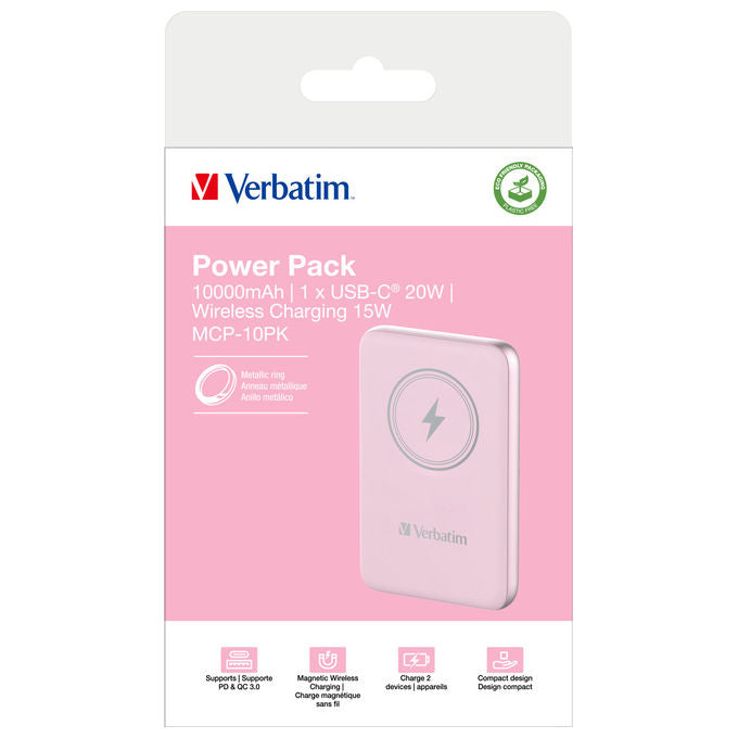 Verbatim Power Bank 10000mAh Ricarica Wireless Rosa