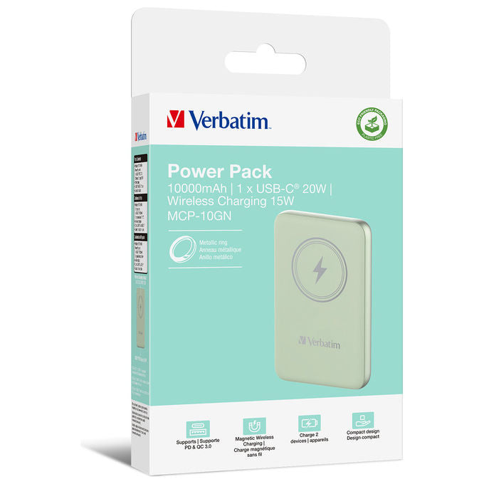Verbatim 32246 Charge n Go Power Bank 10000 mAh Wireless MagSafe Quick Charge 3.0 USB-C 20W colore Verde